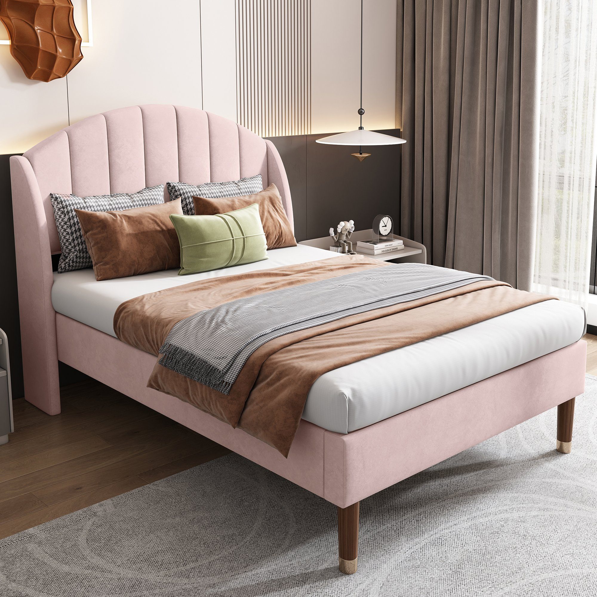 HAUSS SPLOE Polsterbett Polsterbett Einzelbett Funktionsbett Bettrahmen Jugendbett Kinderbett (90*200 mit Lattenrost und Kopfteil ohne Matratze), Holzlattenunterstützung, Einfache Montage