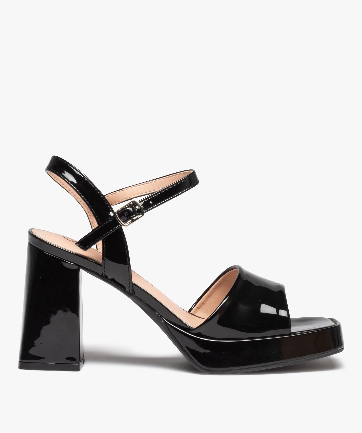 Sandales femme unies et vernies à talon carré évasé noir | GEMO