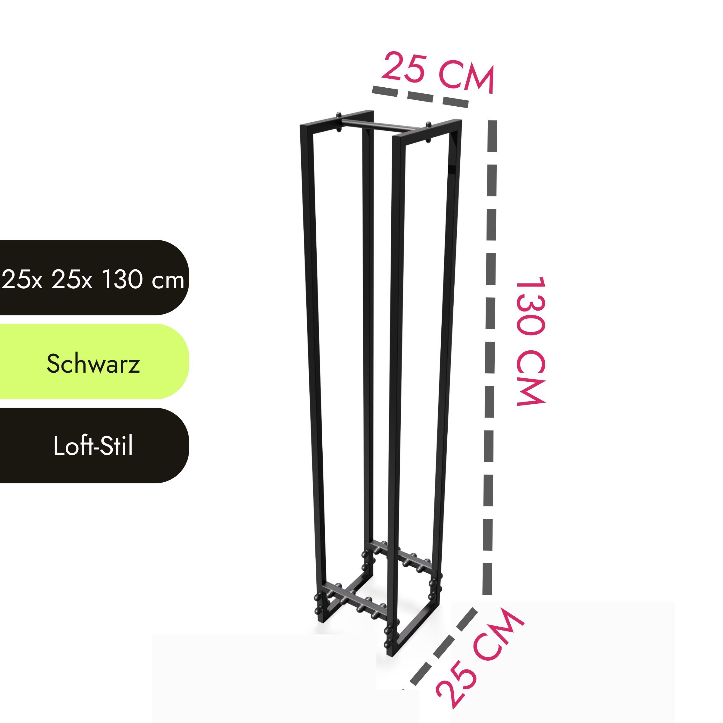 NOGGI - Home Decor Masters Kaminholzregal Kaminholzständer Metall (25x25x130 cm - schwarz), (Holzscheitregal aus Stahl, Kaminholzregal für Innen und Aussen, Stapelhilfe für Feuerholz)