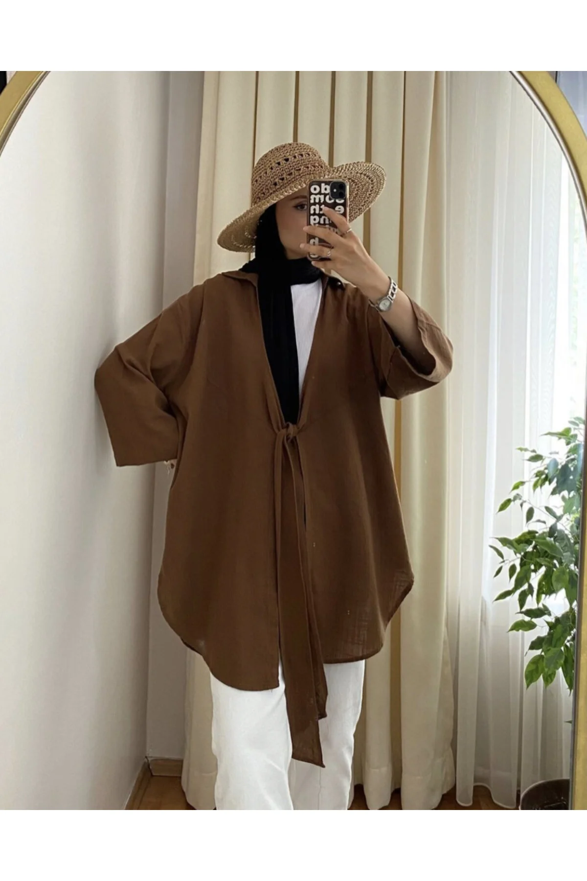 My Blog  Kimonohemd aus Leinen in Braun mit Flam-Muster, 100 % Baumwolle
