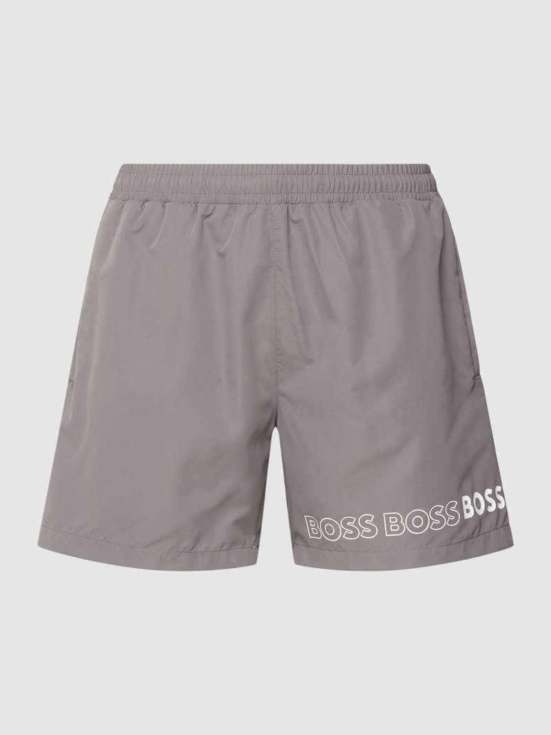 Badehose mit Label-Print Modell 'Dolphin' in mittelgrau