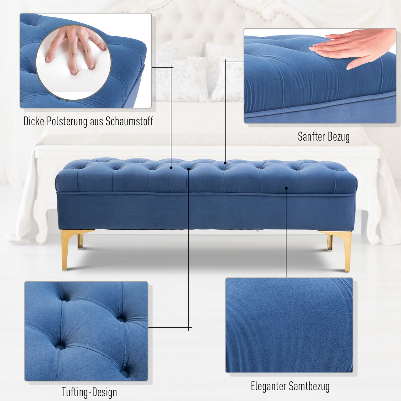HOMCOM Sitzbank Bettbank Schuhbank mit erhöhten Beine Schlafzimmer Samt Blau