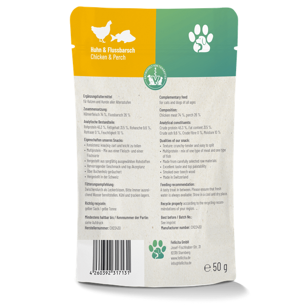 Fellicita Snacks Fellicita Huhn & Flussbarsch Fleischstreifen 8x 50g Fellonis Katzensnacks