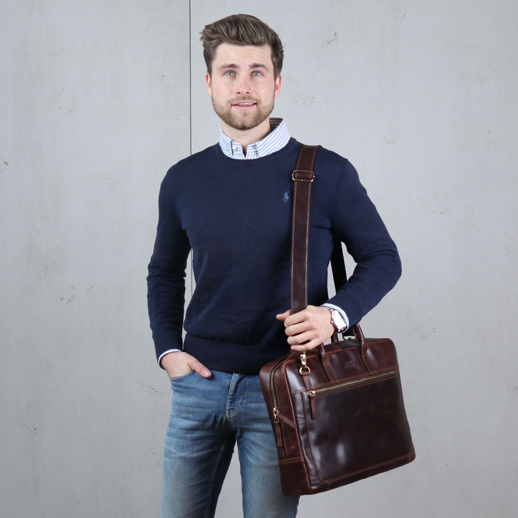 SID & VAIN Laptoptasche Leder Businesstasche Unisex DIXON, Laptoptasche 15,4 Zoll, Aktentasche Echtleder Damen Herren braun