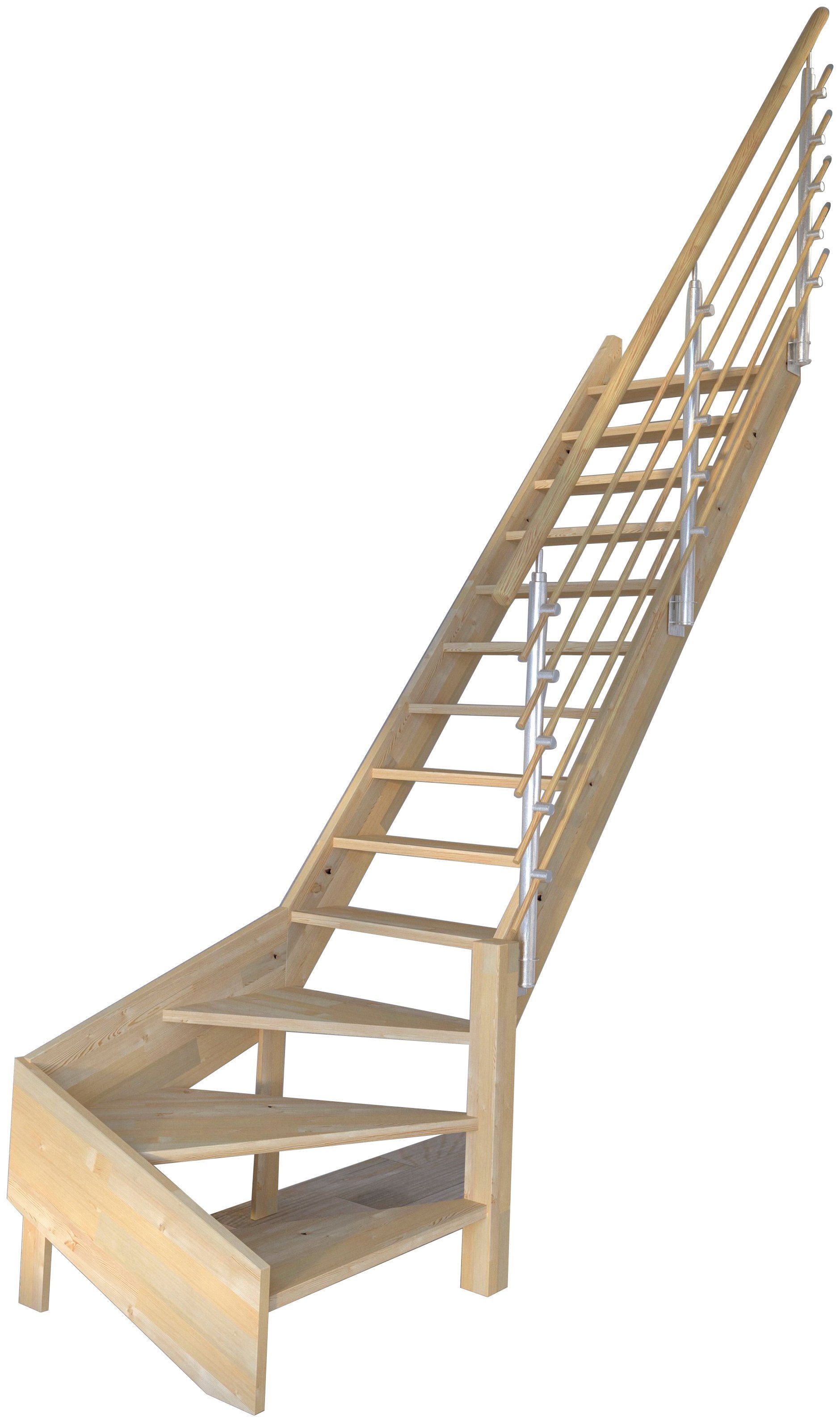 Starwood Raumspartreppe Massivholz Korfu, Design-Geländer Holzrundstäbe, für Geschosshöhen bis 300 cm, Stufen offen, gewendelt Rechts, Durchgehende Wangenteile