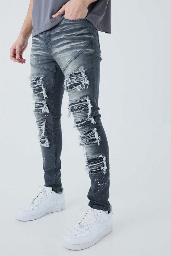 Super Skinny Bikerjeans mit Rissen und Farbspritzern