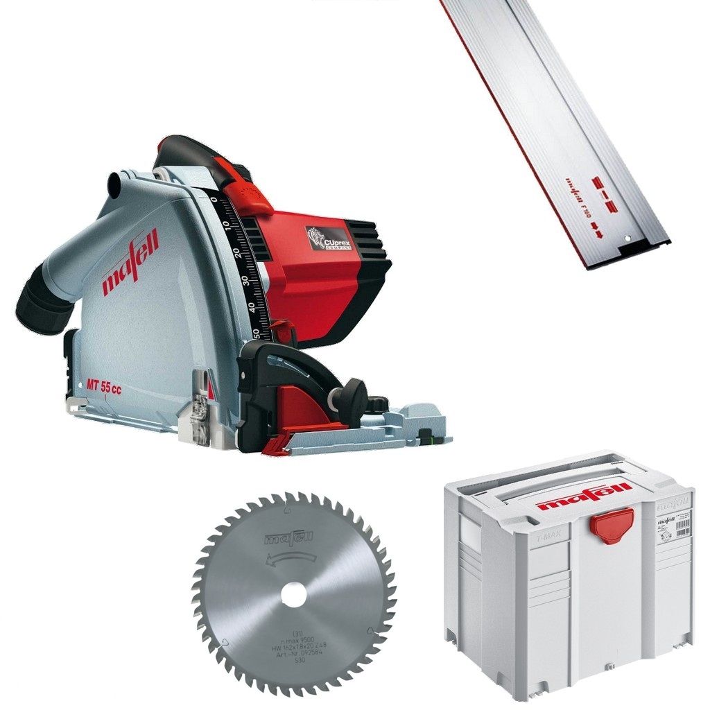 Mafell 1P0467 MT55 CC VENTILIATORIAUS RINKINYS Įgilinamasis pjūklas T-Max sistemoje + kreipiančioji liniuotė 160 cm