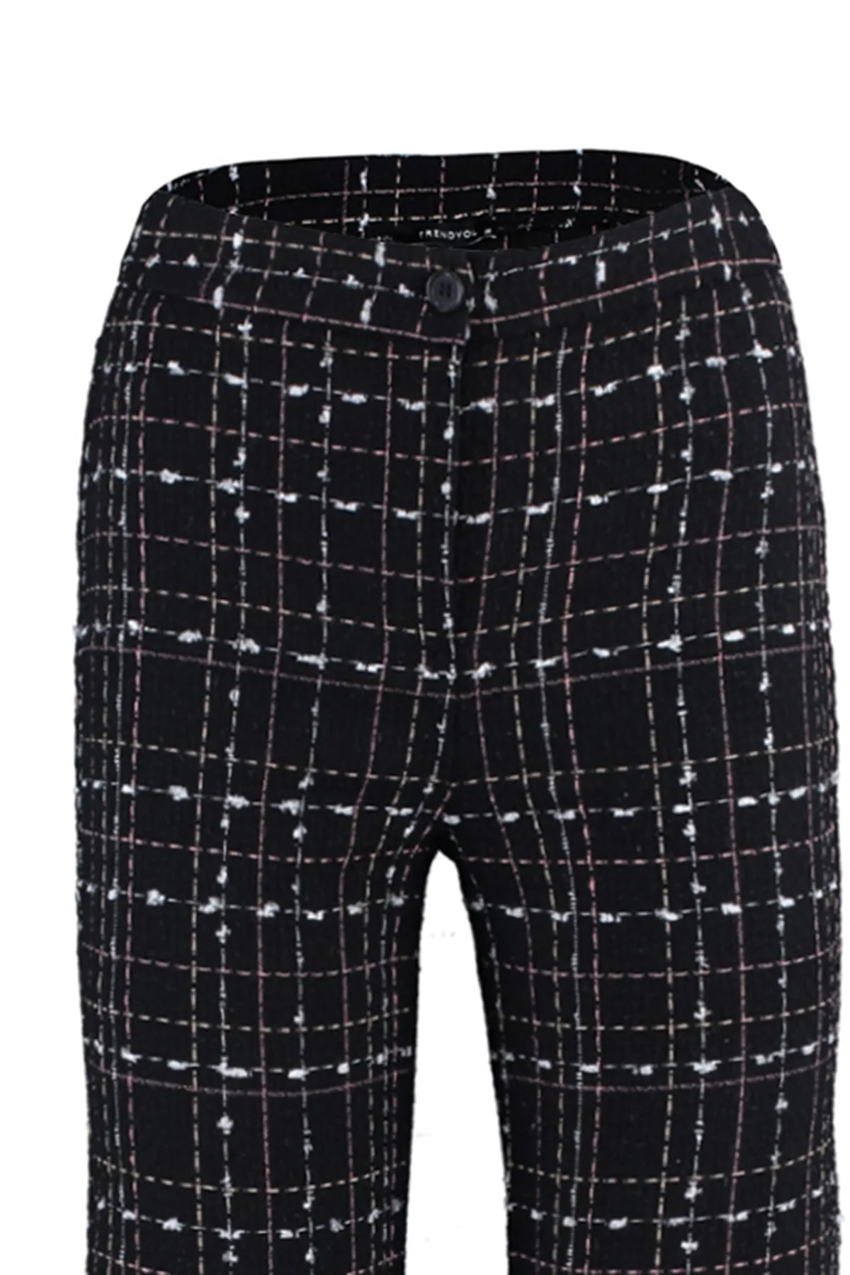 Trendyol Collection  Schwarze gewebte Hose mit hoher Taille und Karomuster aus Tweed und Zigaretten-Tweed TWOAW23PL00046