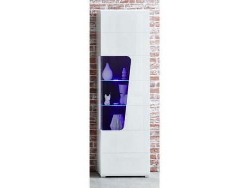 möbelando Wohnwand Filmer, Moderne Wohnwand, Korpus aus Spanplatte in Weiß matt, Front aus MDF in Weiß Hochglanz, Absetzungen in Schwarz bestehend aus 1 Vitrine klein, 1 Vitrine groß, 1 TV-Unterteil und 1 Wandboard, inkl. LED-Beleuchtung. Stellmaß ca