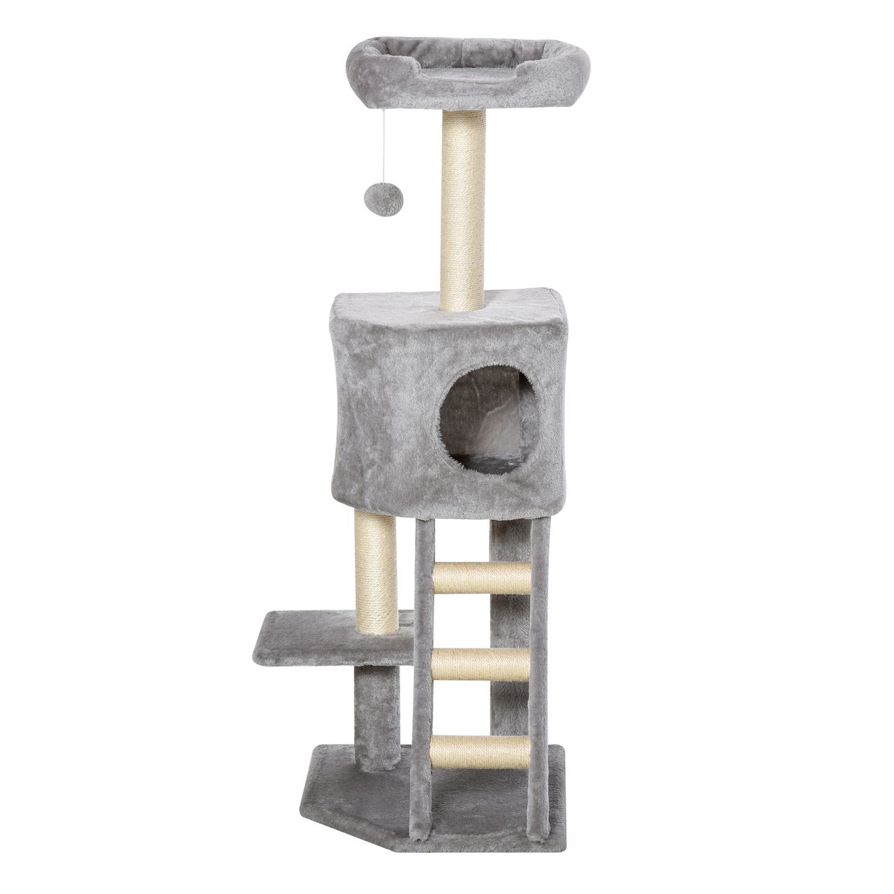 PawHut Kratzbaum mit Katzenhöhle Leiter Katzenbaum Kletterbaum für Katzen Mehrstufiges Multiaktivitätszentrum E1 MDF Sisal Hellgrau 60 x 48 x 122 cm
