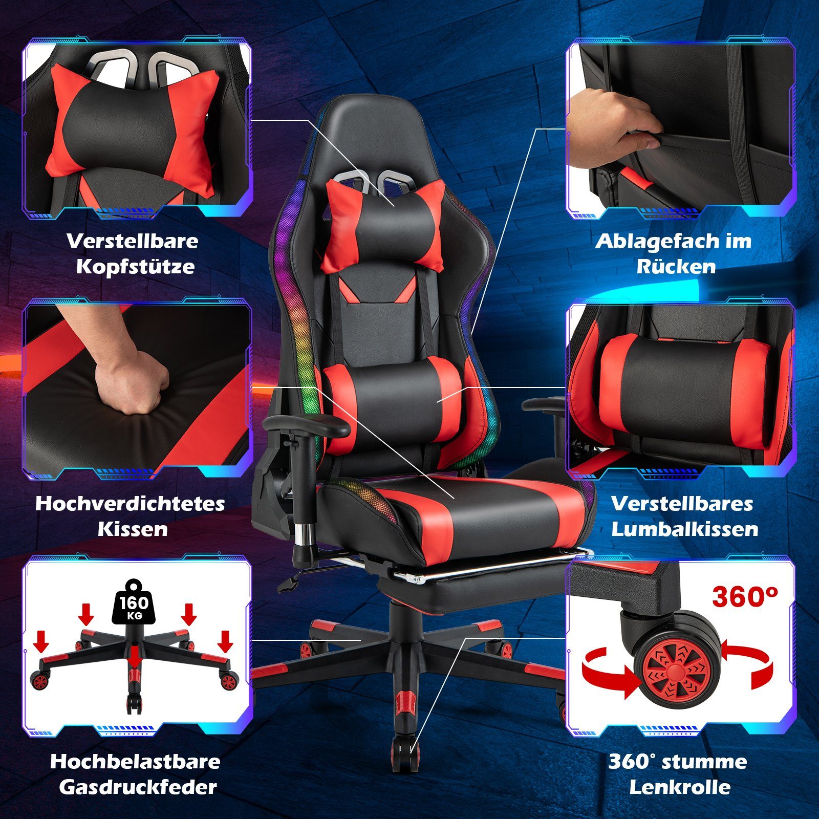 COSTWAY Gaming-Stuhl, mit Fußstütze, RGB-LEDs, verstellbarer Rücklehne, 160kg