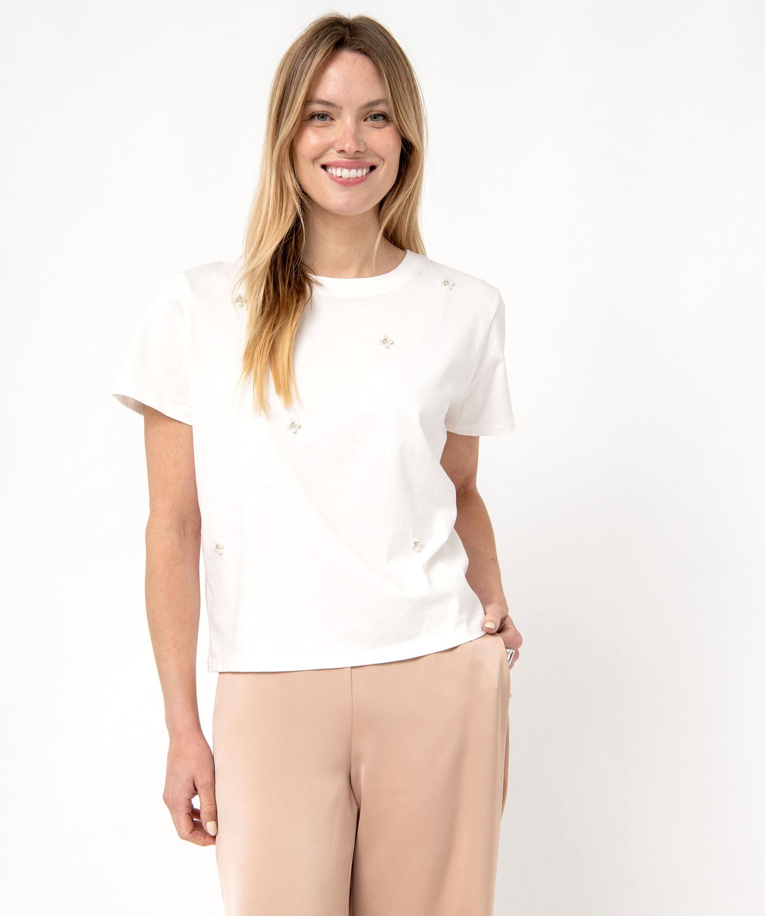 Tee-shirt oversize avec perles brodées femme ecru | GEMO