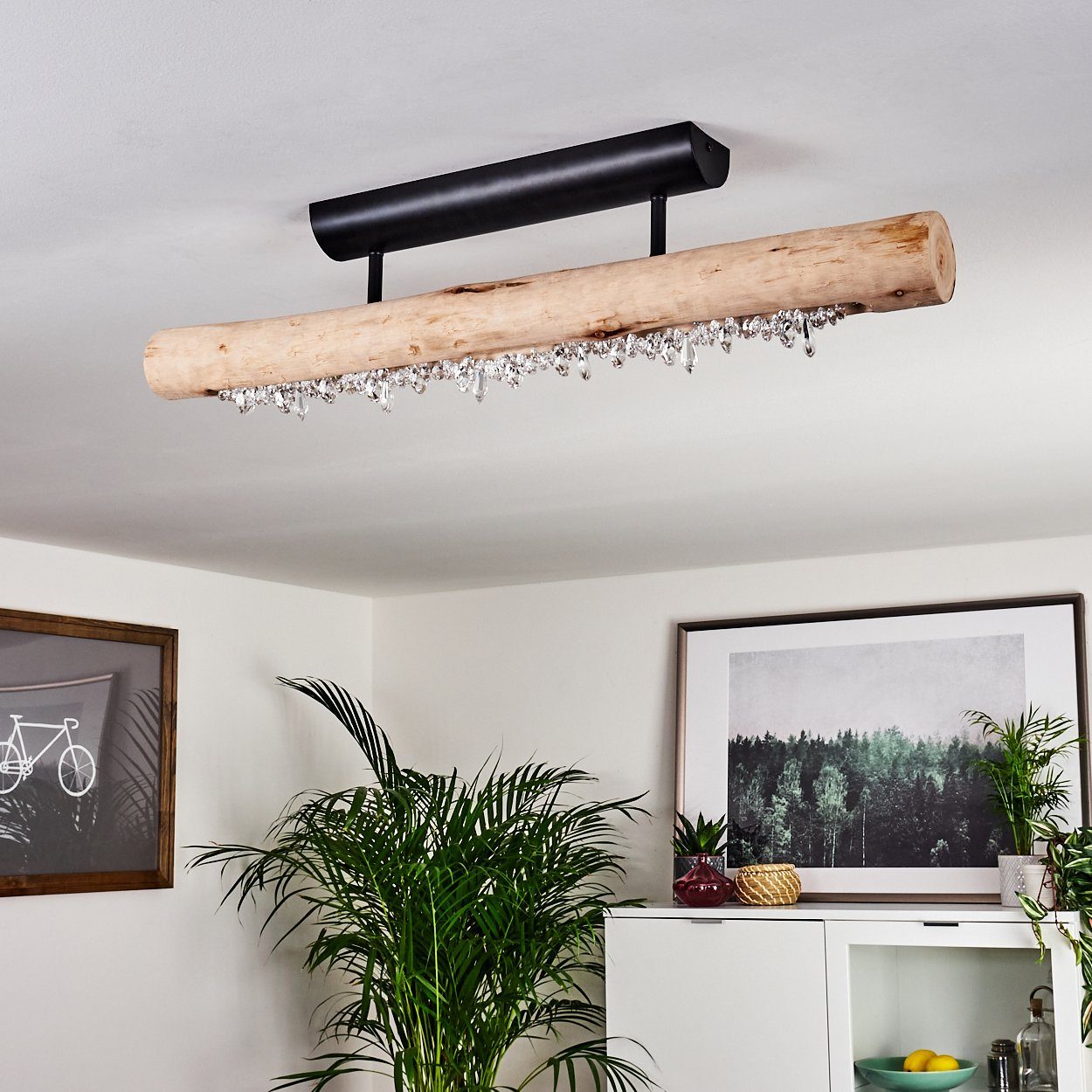 hofstein Deckenleuchte Lipusa längliche Deckenlampe aus Metall Schwarz und Holz, 3000 Kelvin, 1xLED 15 Watt, 1200 Lumen, über herkömmlichen Lichtschalter dimmbar