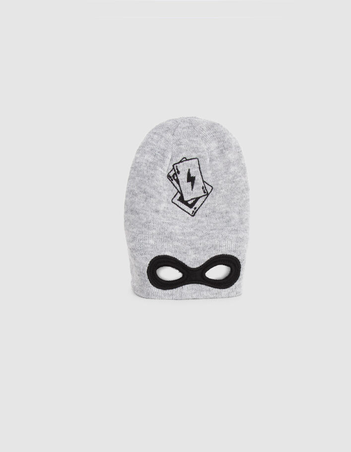 Bonnet gris tricot brodé découpe masque bébé garçon