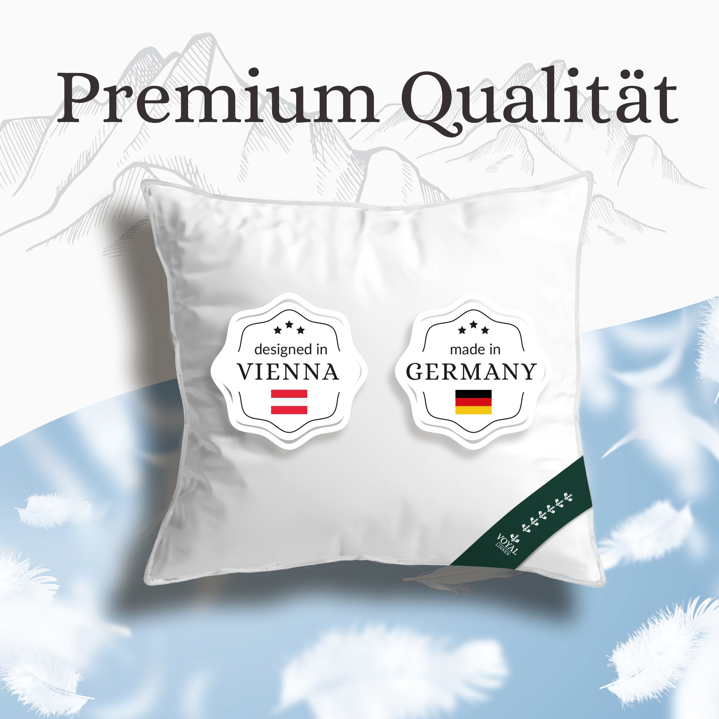 Daunenkissen Wiener Wolkenpolster 80x80cm in zwei Füllstärken, VOYAL LINNEN, Füllung: 70% Federn / 30% Daunen, kuschliges Kopfkissen hergestellt in Deutschland, allergikerfreundlich