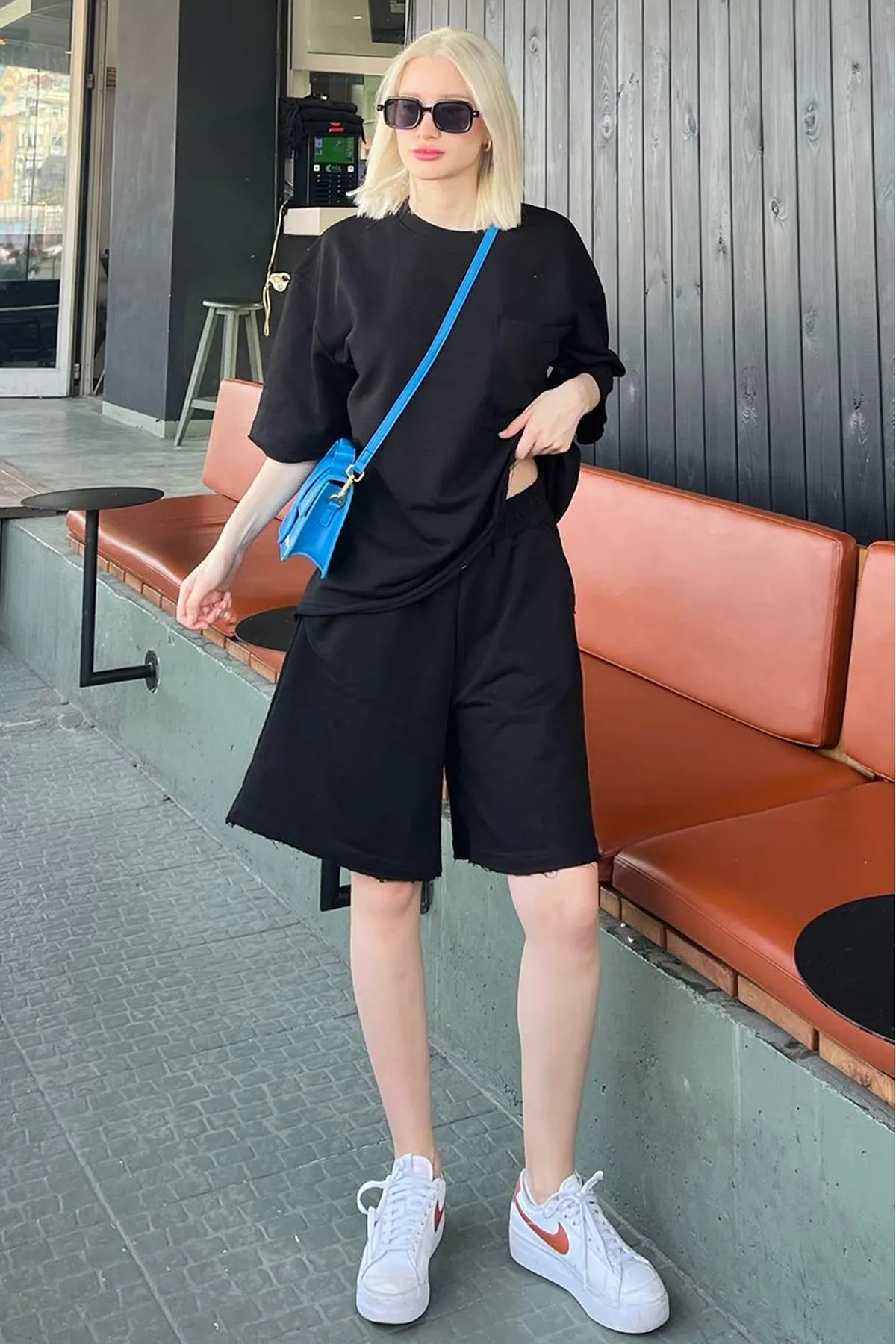 Madmext  Schwarzes Kurzarm-Shorts-Set MG1981