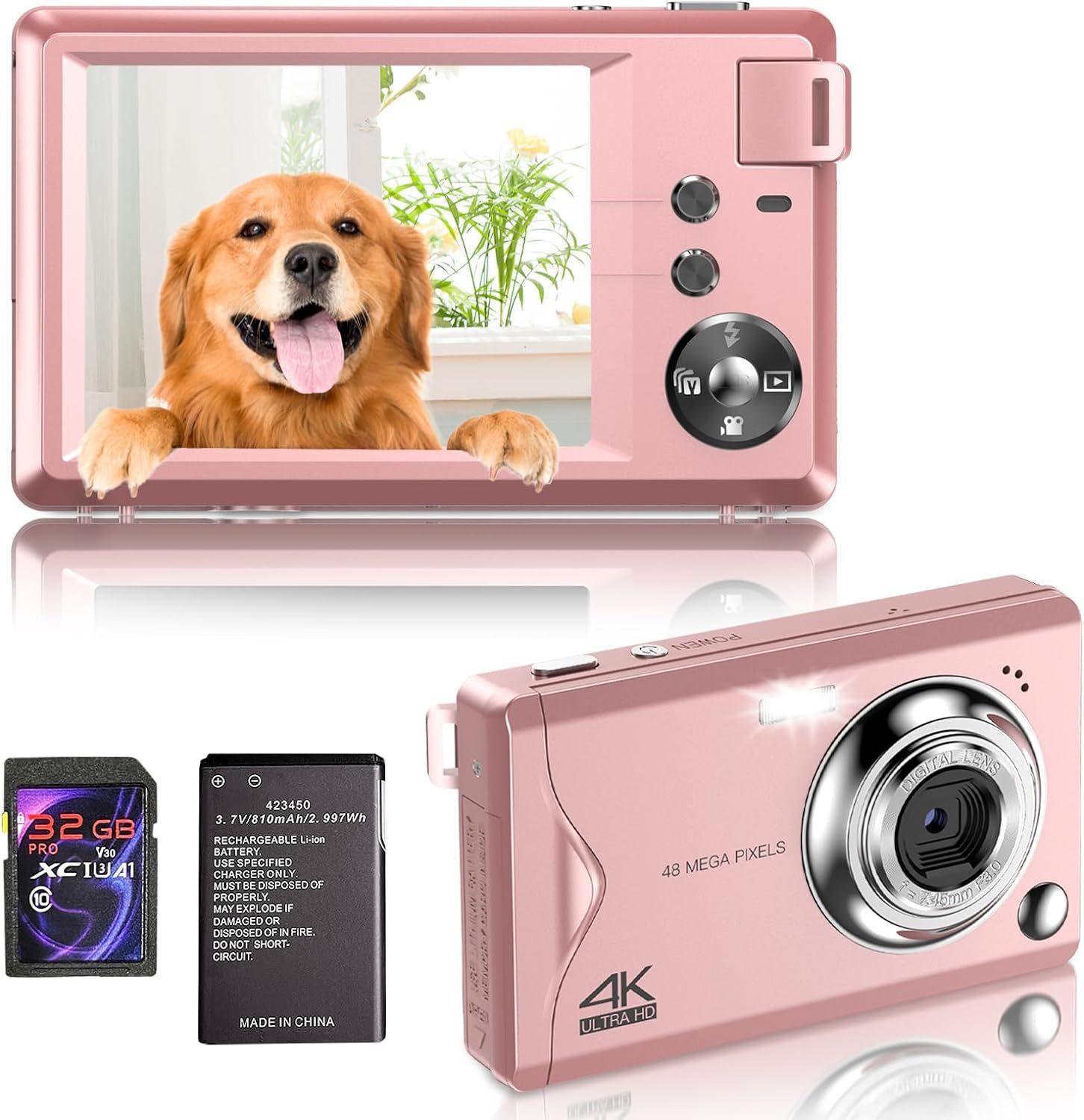 A Ade kompakte Digitalkamera, 4K HD 1080P 48MP Fotokamera mit 32 GB SD-Karte Kompaktkamera (48 MP, 16-fachem Digitalzoom, elektronischer Bildstabilisator)