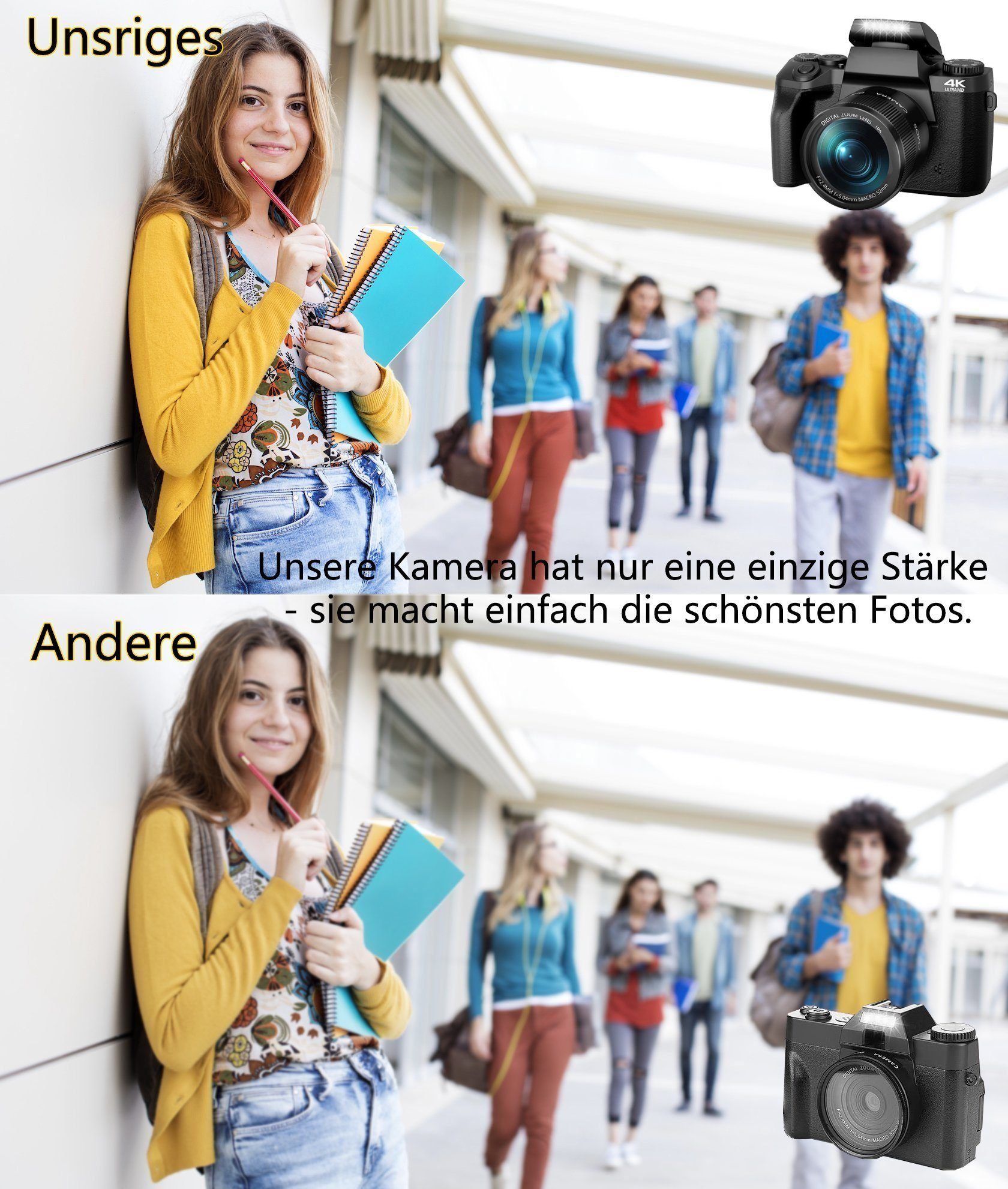 Fine Life Pro W5 Digitalkamera 64MP Kompaktkamera Superzoom-Kamera (64 MP, 16x opt. Zoom, WLAN (Wi-Fi), inkl. 4K 64MP Digitalkamera, Kostenlose 64GB Speicherkarte, Inklusive Handtasche)
