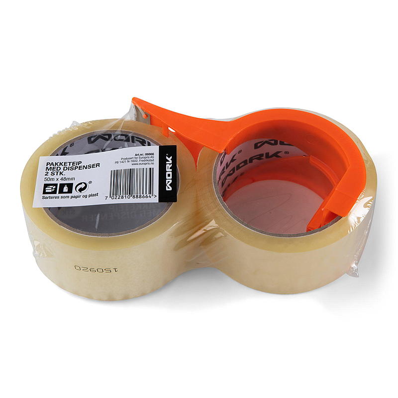 Work Pakketape 2x50 m, klar, m/dispenser