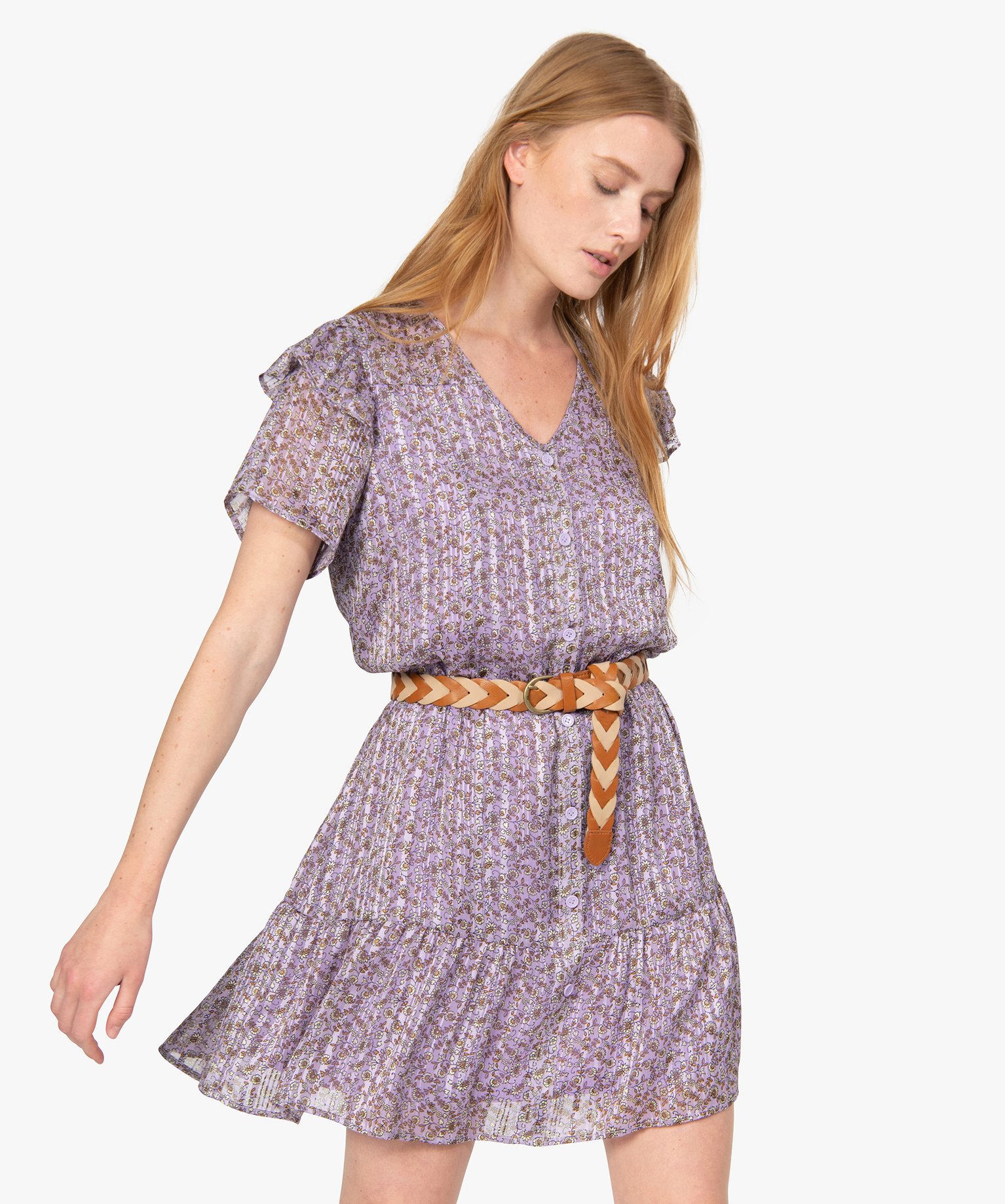 Robe femme à motifs fleuris et volants sur les épaules | GEMO