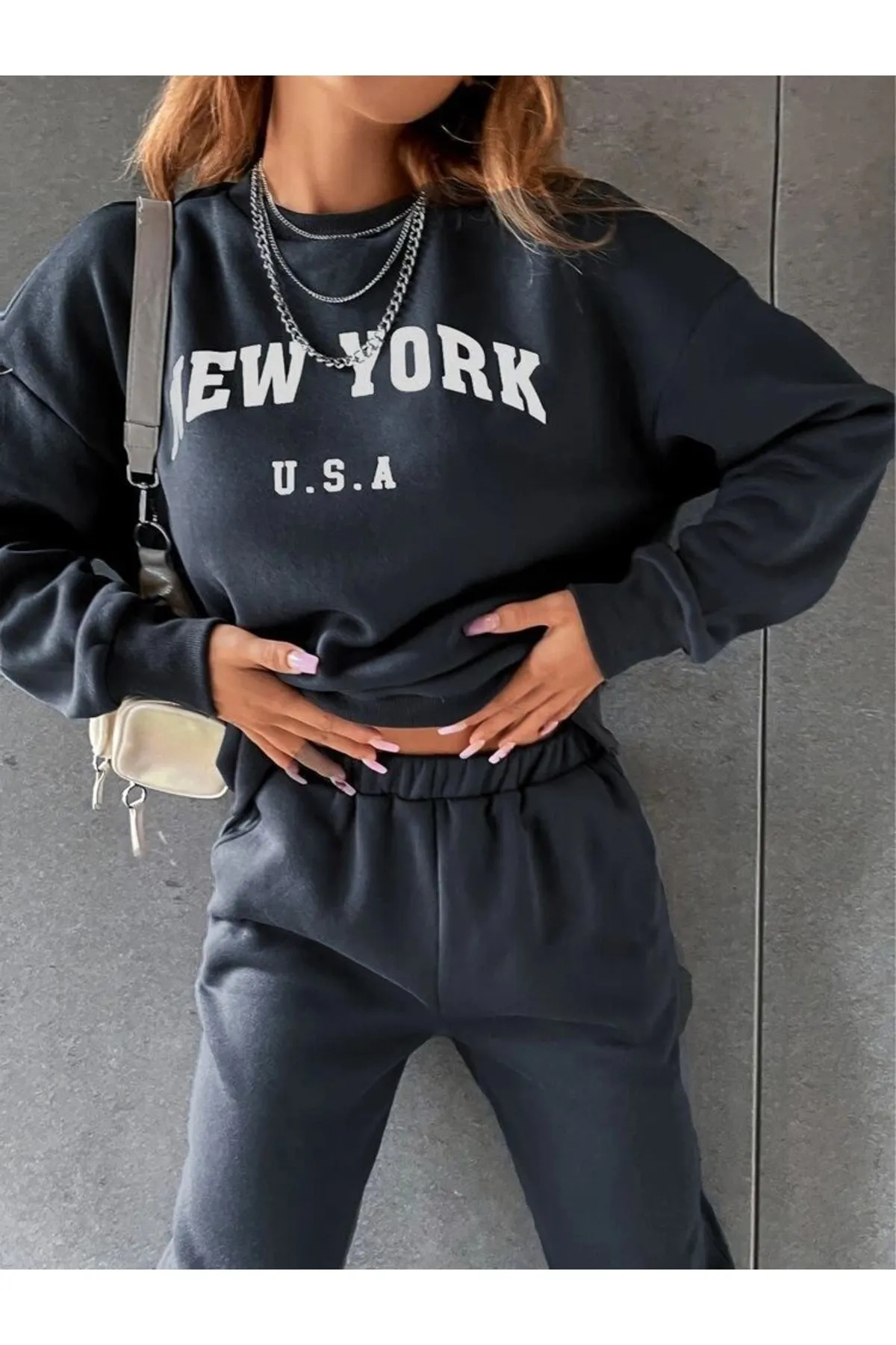 My Blog  Schwarzes „New York U.S.A“-Trainingsanzug-Set mit Oberteil und Unterteil
