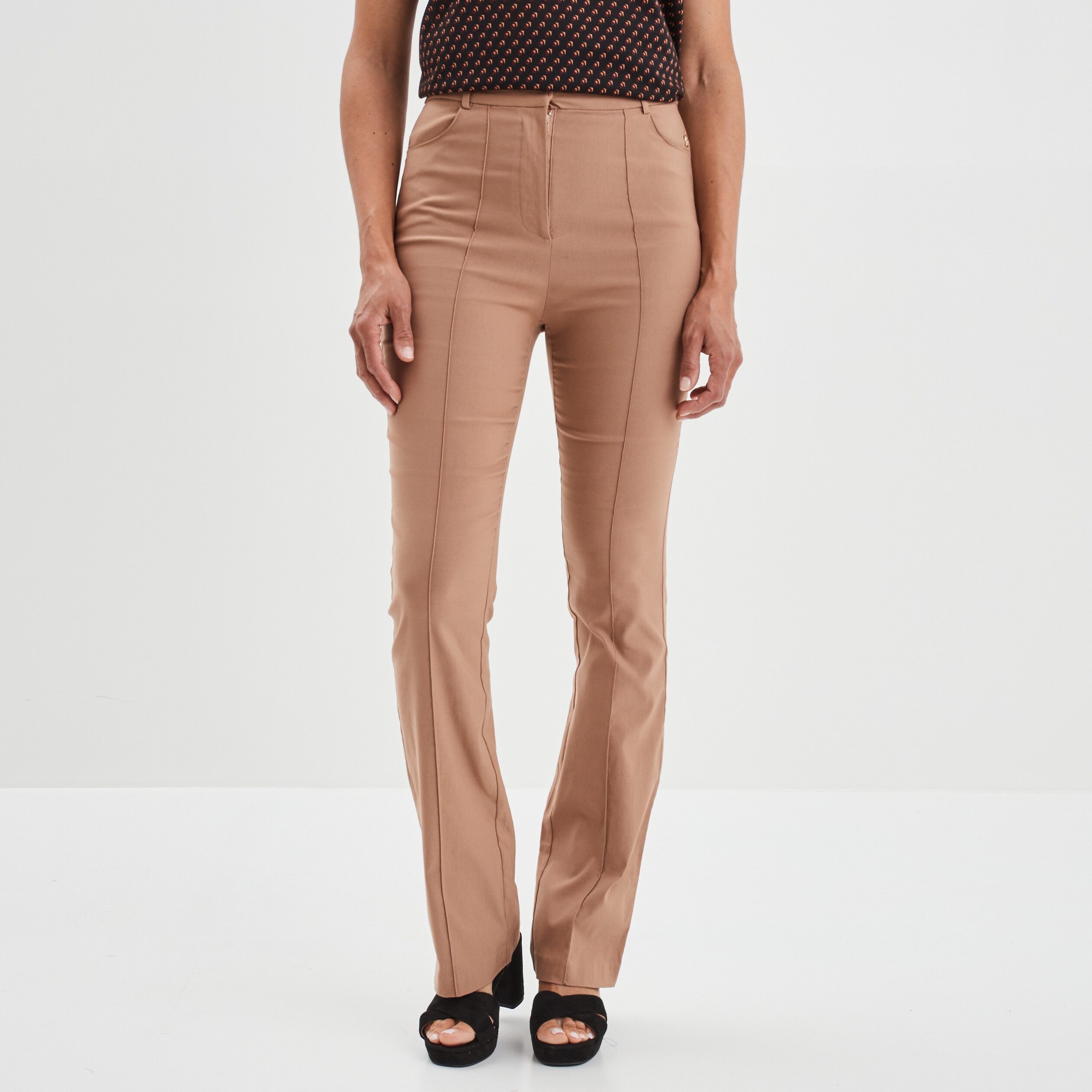 Pantalon city bootcut taille haute marron clair femme | La Halle