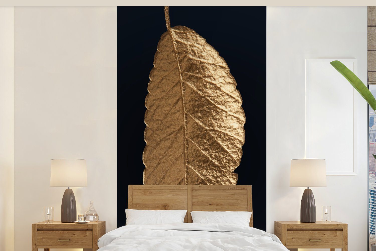 MuchoWow Fototapete Blätter - Schwarz - Gold - Luxus - Natur, Matt, bedruckt, (2 St), Vliestapete für Wohnzimmer Schlafzimmer Küche, Fototapete