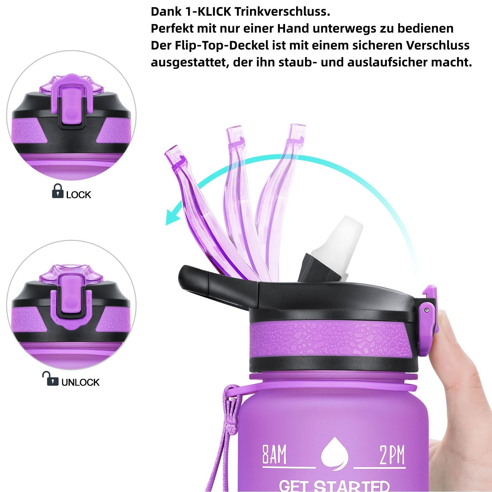REDOM Trinkflasche Sport Wasserflasche Auslaufsicher Sportflasche 1 Liter BPA-Frei 1L, Zeitmarkierung und Strohhalm Fitness Outdoor Camping Fahrrad Wandern