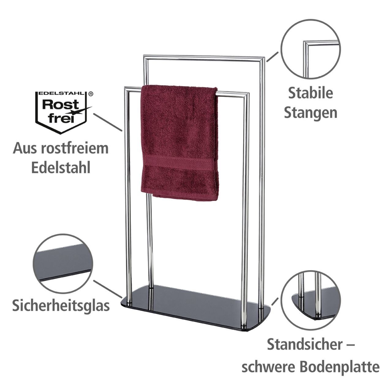 Wenko Handtuchhalter Mod. Ravina Edelstahl glänzend, Handtuchständer mit Bodenplatte aus Glas