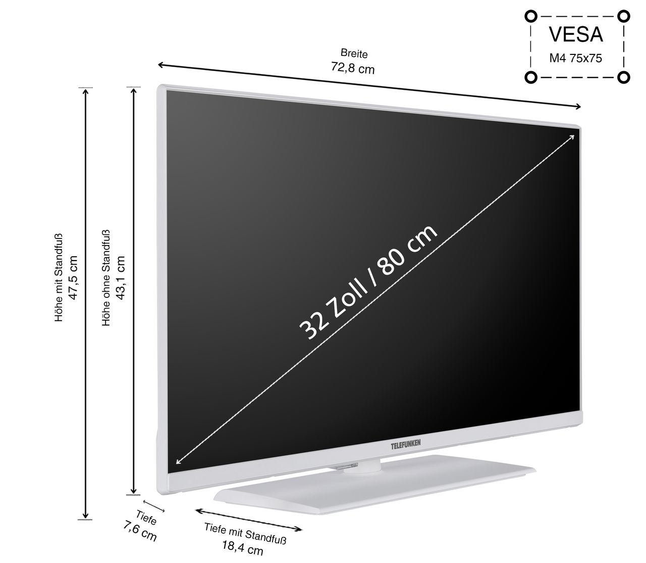 Telefunken TELEFUNKEN XF32N750M-W Fernseher 32 Zoll Full HD LED TV mit Triple-Tuner, weiß