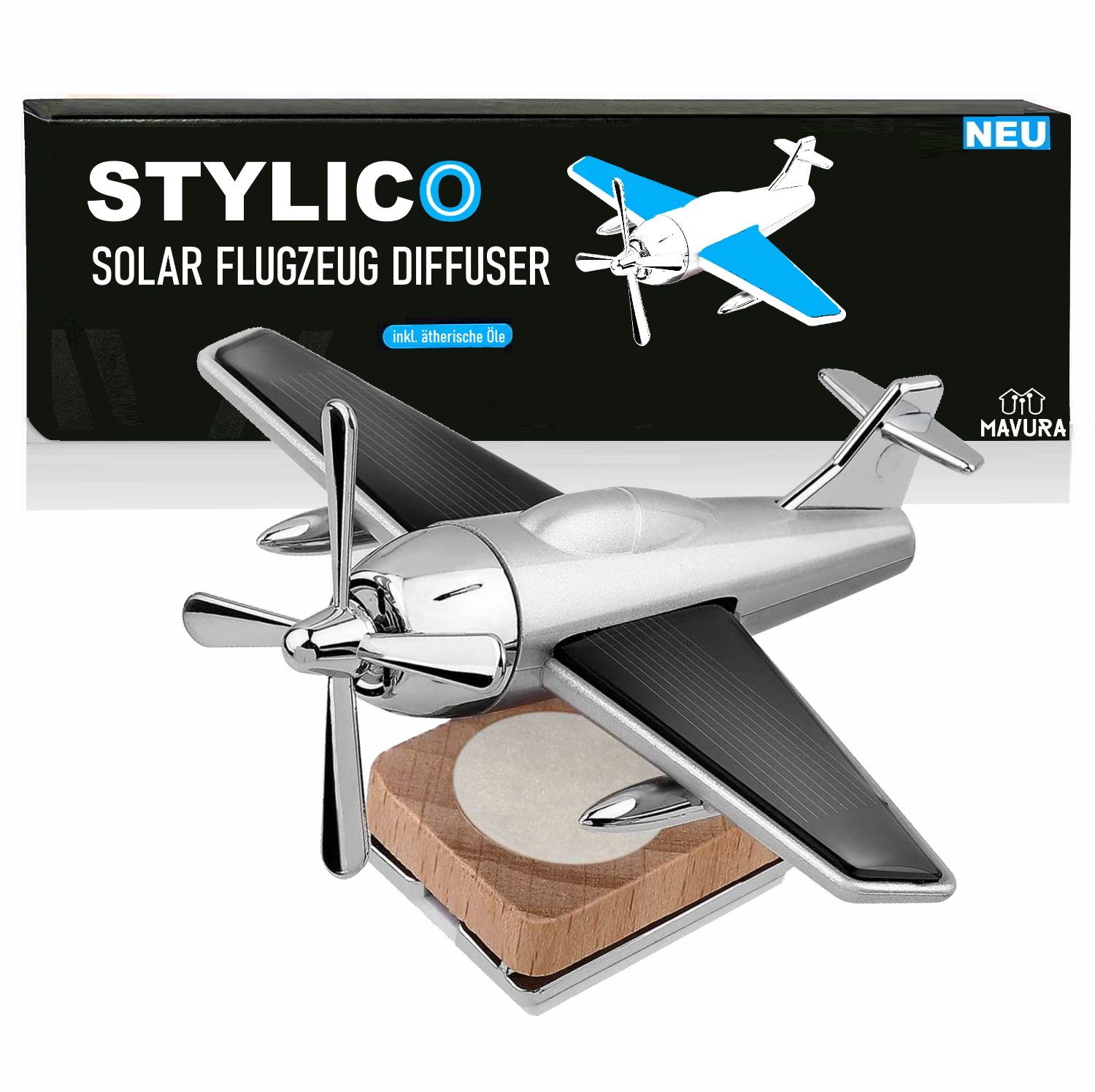 MAVURA Raumduft STYLICO Solar Auto Lufterfrischer Flugzeug Diffuser + ätherischer Öle, Parfüm Mini Solar Flugzeug selbstklebend