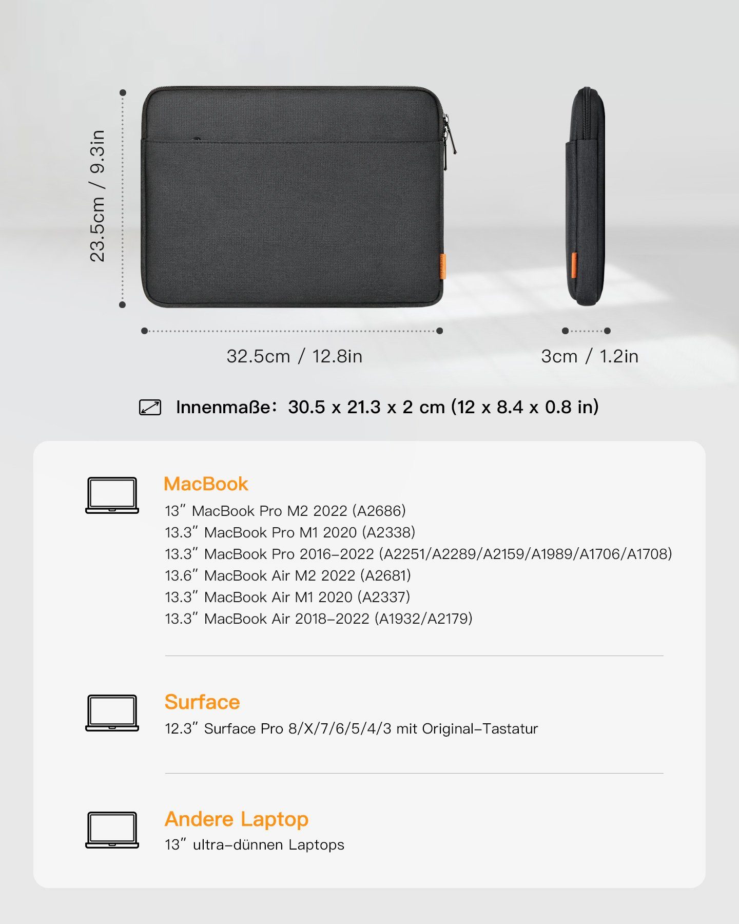 Inateck Laptop-Hülle Tasche für 13 Zoll MacBook Pro/Air M2/M1, Surface Pro
