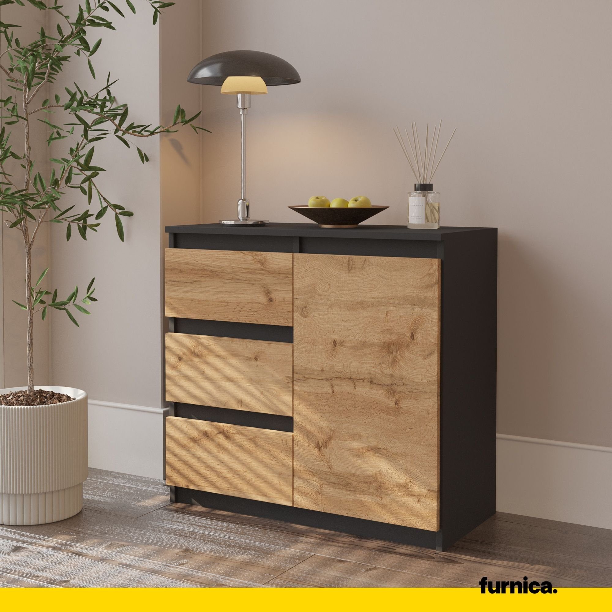 Furnica Kommode MIKEL, 3 Schubladen und 1 Tür - Anthrazit Grau H75cm B80cm T35cm (1 St)