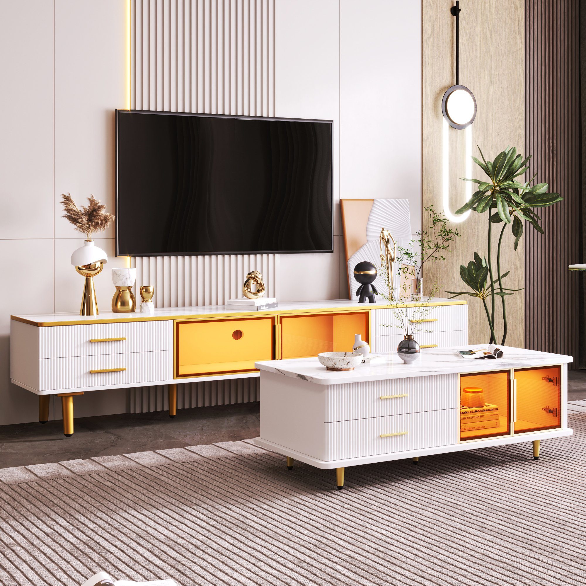 HAUSS SPLOE TV-Schrank TV-Lowboards TV Schrank Fernsehschrank TV-Tisch (Fernsehschrank TV-Lowboard Sideboard Beistellschrank modern, mit 4 Strukturierte Schubladen 4 Füßen) mit Goldenen Griffen und zwei Braune Türen aus Gehärtetem Glas