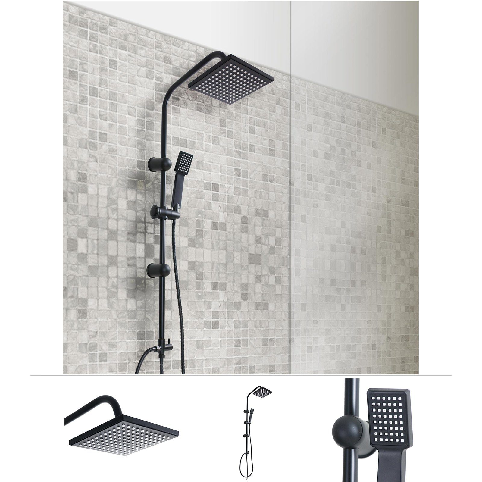 Grafner Duschsystem Grafner® Duschgarnitur mit Regenschauerduschkopf und Handbrause, 1 Strahlart(en), schwarz, Antikalk-Softdüsen
