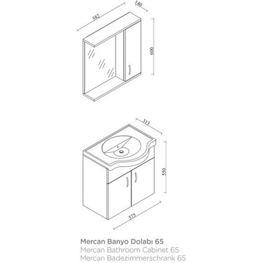 Karen Badezimmer-Set Mercan, (Komplett-Set, Standartmäßig 3-Teilig (Unterschrank, Spiegelschrank, Waschbecken), Der Lieferumfang umfasst Unterschrank, Spiegelschrank und Waschbecken), Klassisches Design, Weidenholz Furnier, Bügelgriffe, ohne Softclos