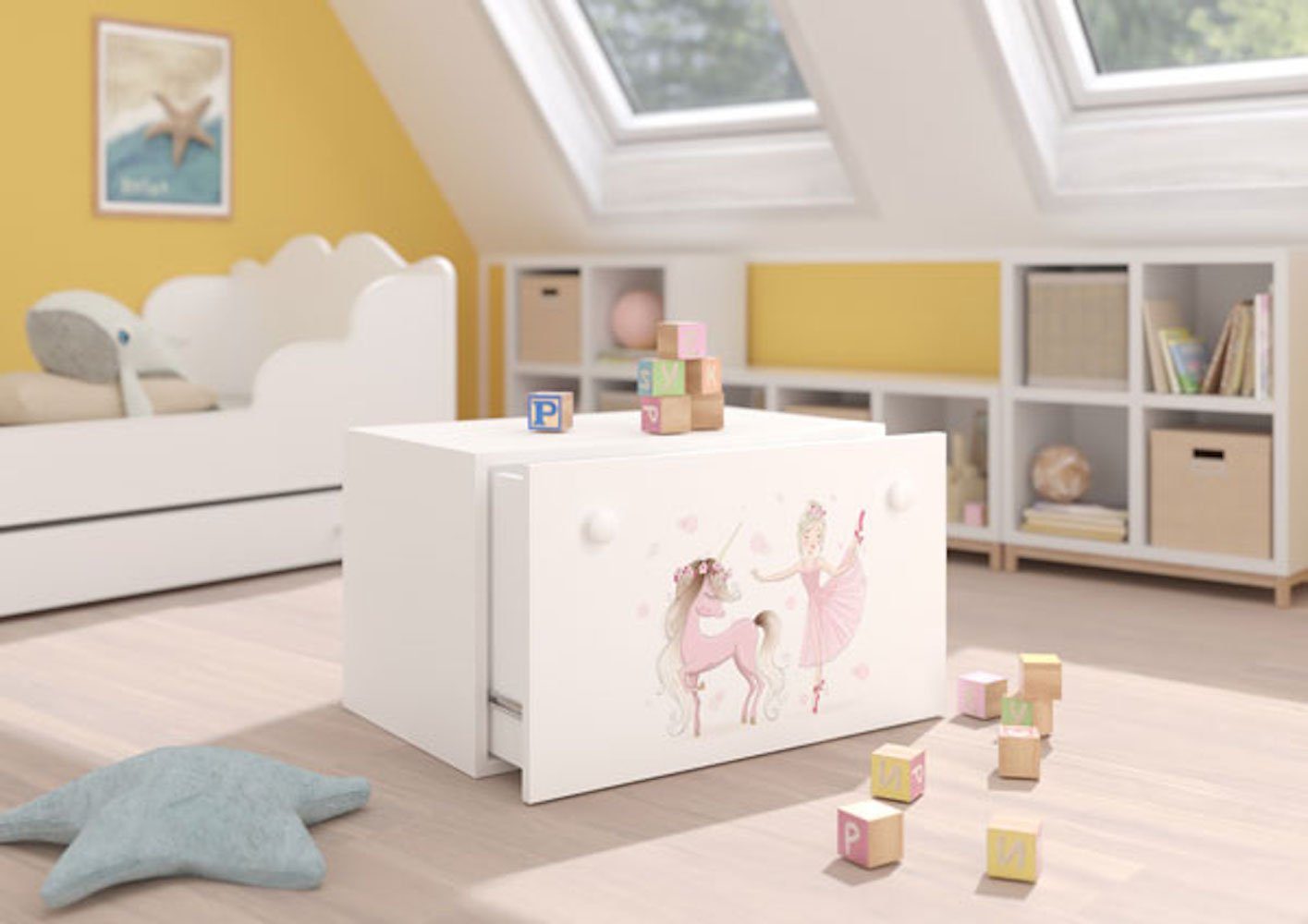 Feldmann-Wohnen Spielzeugtruhe Inga, 70cm weiß Motiv Ballerina mit Einhorn