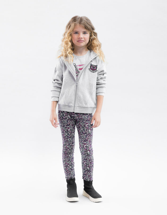 Cardigan zippé gris à capuche et badge chat fille