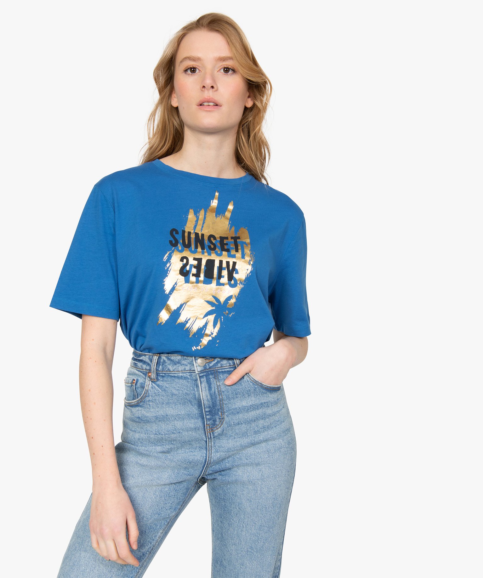 Tee-shirt femme ample à motif brillant bleu | GEMO