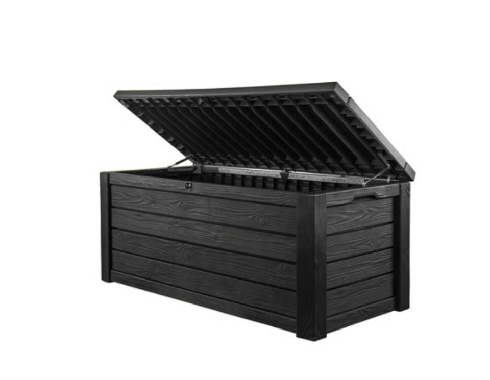 Keter Kissenbox Westwood Aufbewahrungsbox 568 Liter für Terrassenmöbel aus Kunststoff, Auflagenbox Gartenbox anthrazit Holz Optik mit Gasdruckfedern