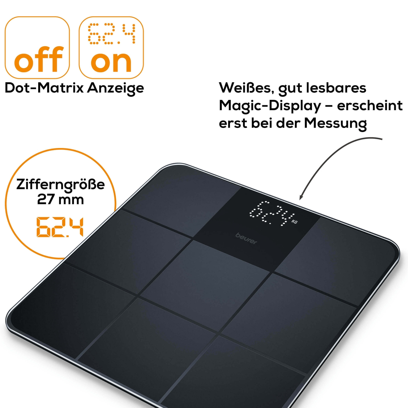 Beurer Glaswaage - GS 235-Personenwaage aus Glas mit Silikonoberfläche & unsichtbarem Magic-Display - bis 180 kg