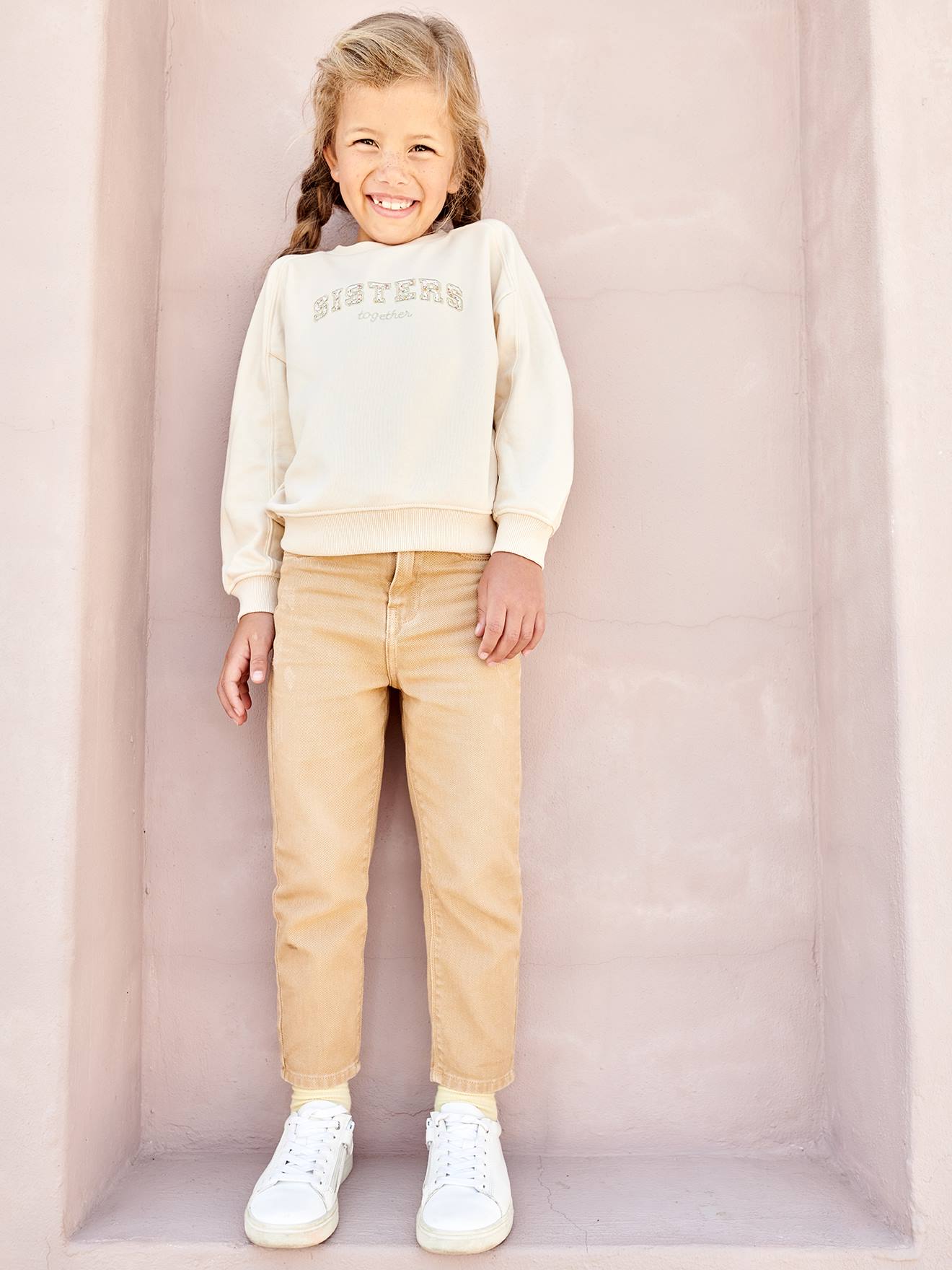 Vertbaudet Mädchen Hose mit Stoffgürtel, Mom-Fit Oeko-Tex - pfirsich