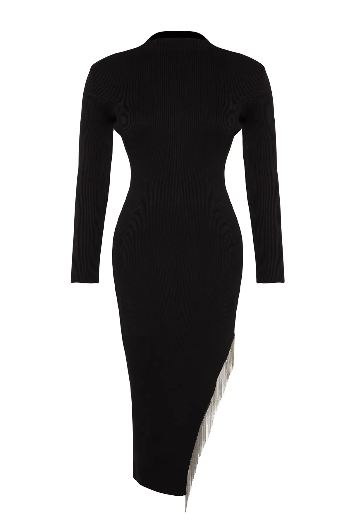 Trendyol Curve  Schwarzes Strickkleid mit asymmetrischem Schnitt und Accessoire-Details TBBAW24AH00006