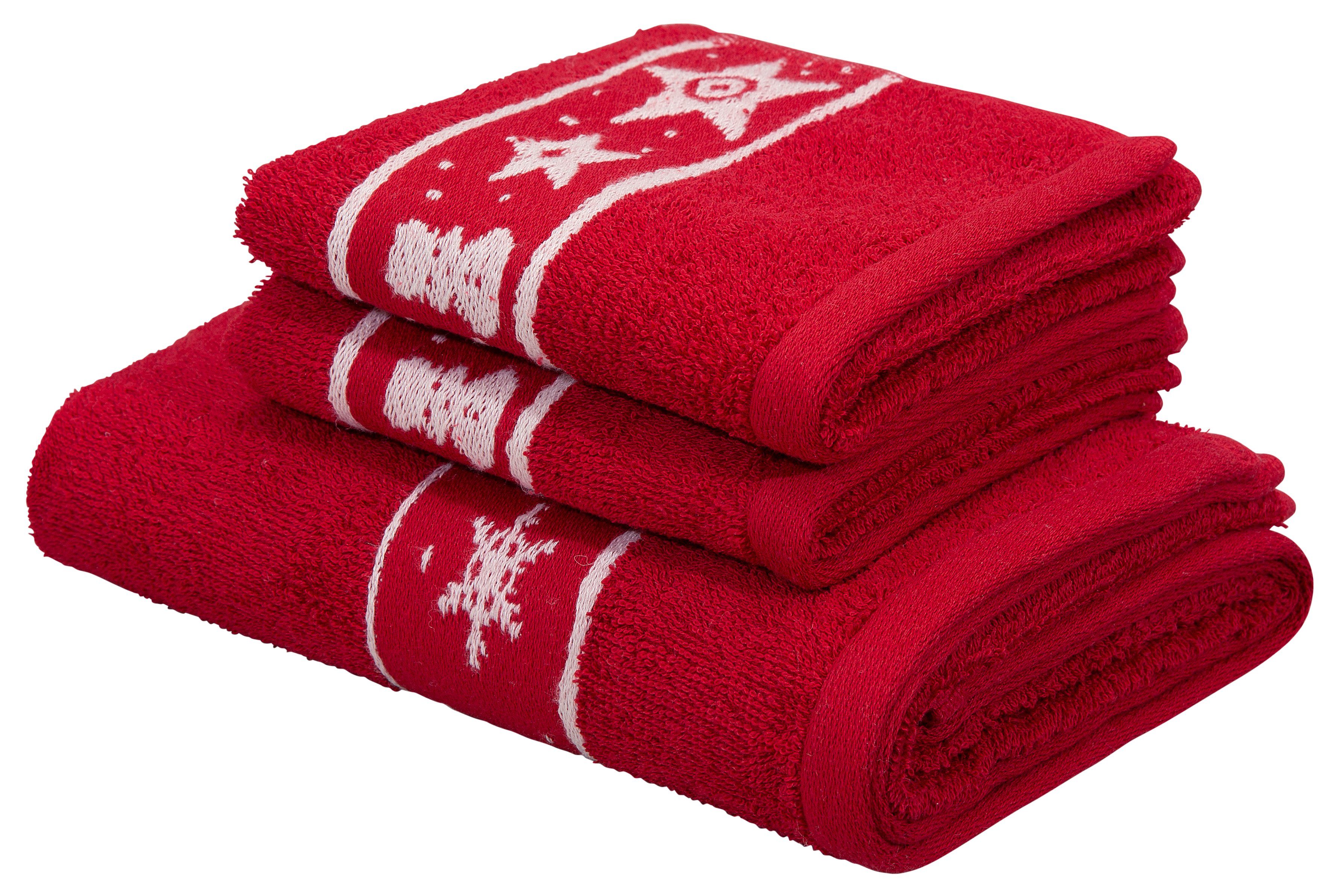 my home Handtuch Set Weihnachten, Walkfrottee, (Set, 3-tlg), mit Sternen & Bordüre, weihnachtliches Handtuchset, 100% Baumwolle