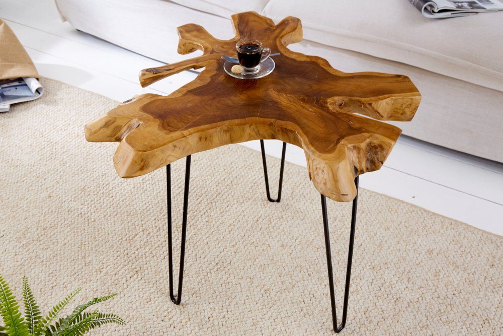 riess-ambiente Beistelltisch WILD 60cm natur, Massivholz · Couchtisch · Hairpin Legs · Baumscheibe · Teakholz