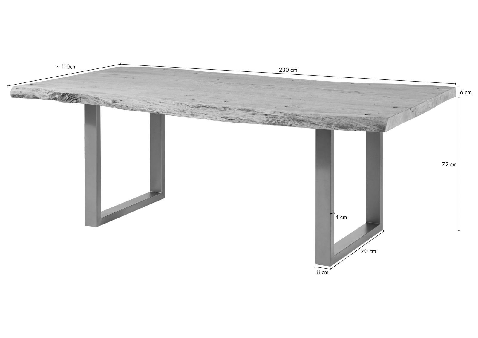 Massivmoebel24 Baumkantentisch FREEFORM (230x110x78 Akazie, Esstisch Baumtisch im Landhausstil aus Echtholz), Echte Baumkante, Natürliche Risse und Unebenheiten