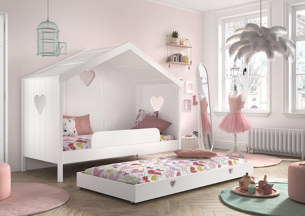VIPACK Hausbett Amori mit Rückwand, Liegefläche 90 x 200 cm, inkl. Rolllattenrost, Absturzschutz und Bettschublade, Ausf. Kiefer und MDF weiß lackiert