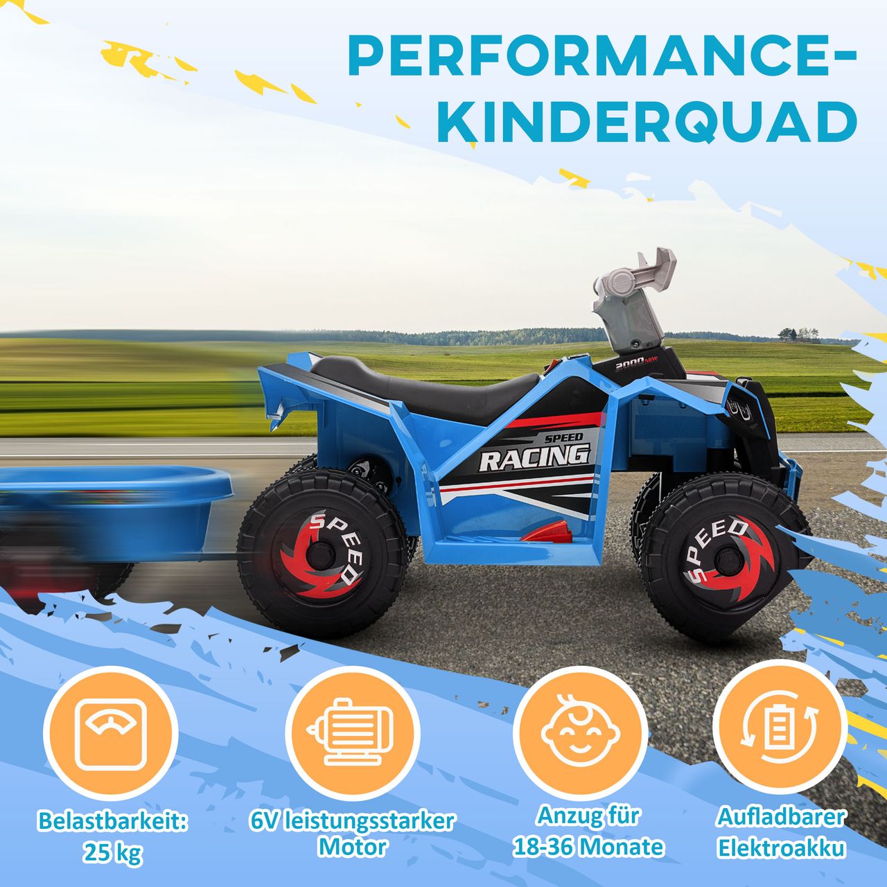 HOMCOM Kinderquad Kinder Elektro-Quad, 6V Elektroauto mit Anhänger Metall Blau