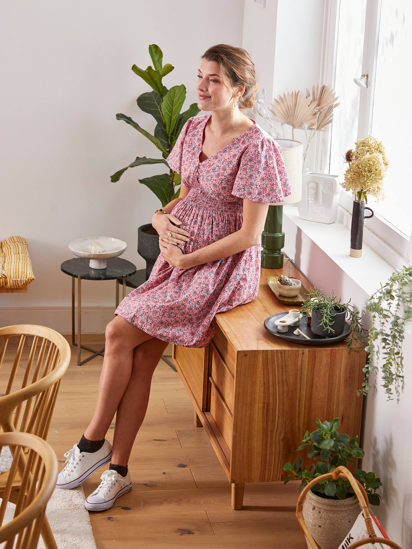 Robe courte en crêpe imprimé grossesse et allaitement blanc imprimé