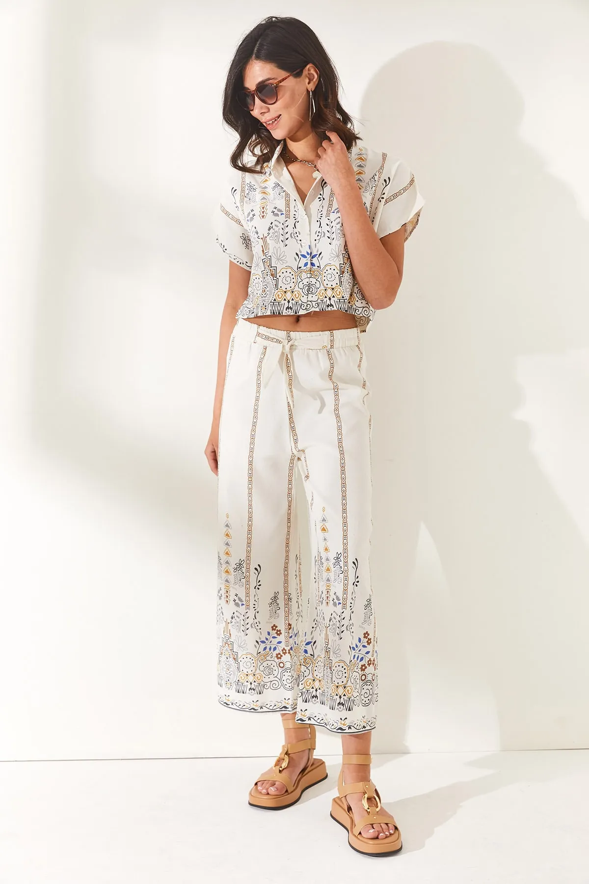 Olalook  Damen Blumen Kaffee Top Shirt Bottom Hose Leinen Mischgewebe Set TKM-19000202